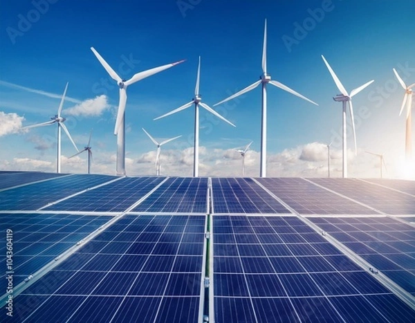 Fototapeta Energy storage battery system concept, wind power, wind turbines and lithium ion battery container, and solar panels in the background. Panoramic view with copy space.