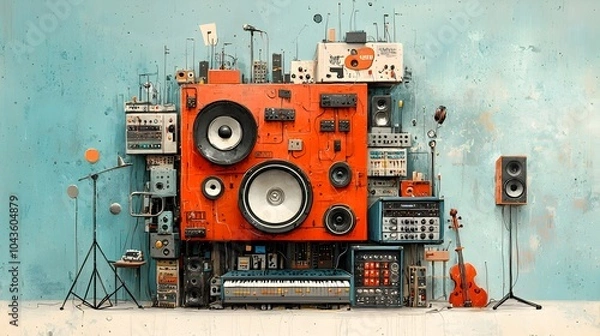 Fototapeta Detailed Cross Section of a Sophisticated Music Recording Studio Showcasing a Wide Range of Instruments Recording Equipment and a Creative Atmosphere for Music Production and Composition