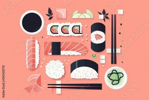 Fototapeta Assorted sushi flat lay with sushi rolls and chopsticks on pink background