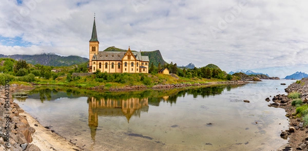 Obraz Panoramic view of the Lofoten Cathedral Vagan Church in Kabelvag (Lofoten, Norway)