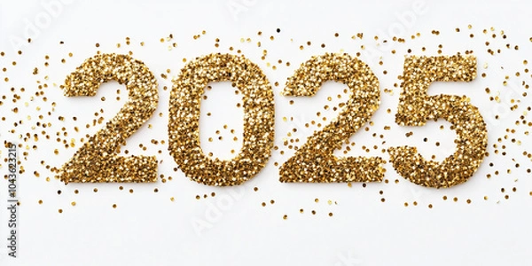 Fototapeta number "2025" made of golden shiny particles on a white isolated background