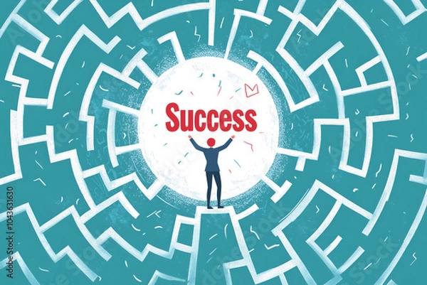 Fototapeta The graphic shows a businessman walking through a maze until he reaches the message "Success".	
