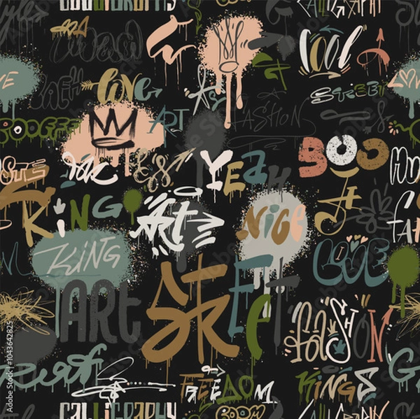 Fototapeta Seamless pattern with street wall graffiti tags art. Seamless urban typography hipster street art graffiti wall slogan pattern. Cool hip hop vector design. Vector illustration.