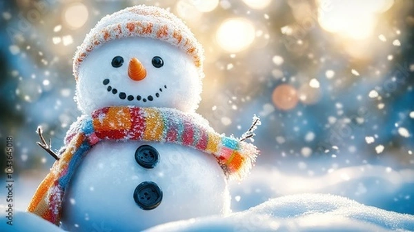 Fototapeta Snowman wearing a scarf and hat enjoying the snowfall
