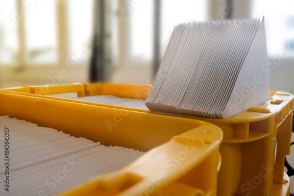 Obraz Mailbox with letter mailing sorted by zip code for delivery and postage optimization when sending mail. Inserting machine mail letter print production business.