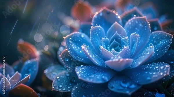 Fototapeta Minimalist design featuring dew drops on a blue succulent plant, emphasizing simplicity and natural beauty.