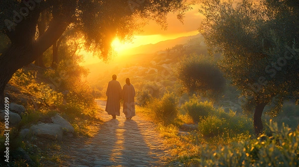 Fototapeta Road to Emmaus, two disciples walking with resurrected Jesus, evening light, ancient path, olive trees, emotional depth