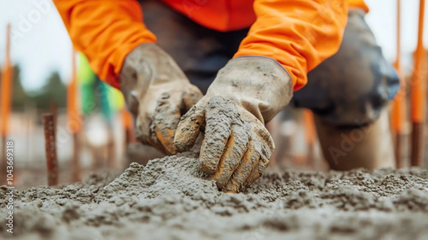 Fototapeta A construction worker's hands shaping wet concrete at a building site. Focus on hands and materials, with construction elements in the background.