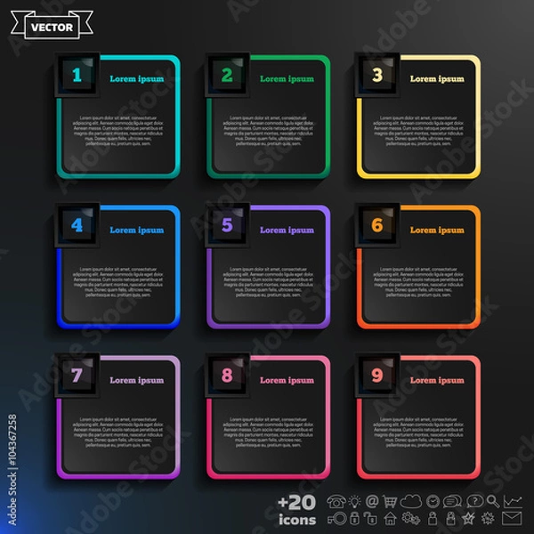Fototapeta Vector infographic design with colorful squares on the black bac