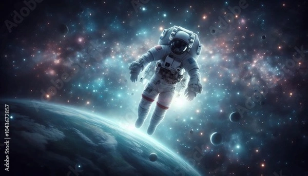 Fototapeta An astronaut drifts gracefully in outer space, surrounded by stars and distant planets, with Earth's horizon faintly visible. A serene, captivating scene depicting exploration beyond our planet.