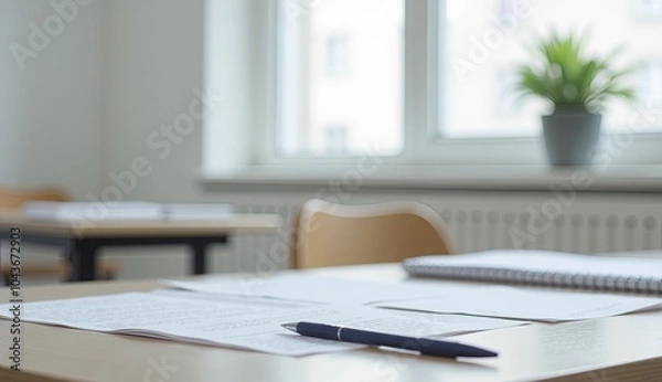 Fototapeta Empty classroom desk with papers and a pen, perfect for educational blogs, academic resources, study tips, or promotional materials for schools and tutoring services.

