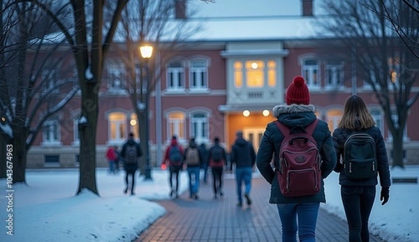 Fototapeta Students walking on a snowy campus in winter, perfect for educational websites, university brochures, academic blogs, or promotional materials for college admissions and campus life.

