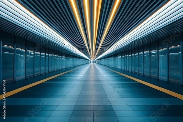 Fototapeta A modern corridor with neon lights in a futuristic setting