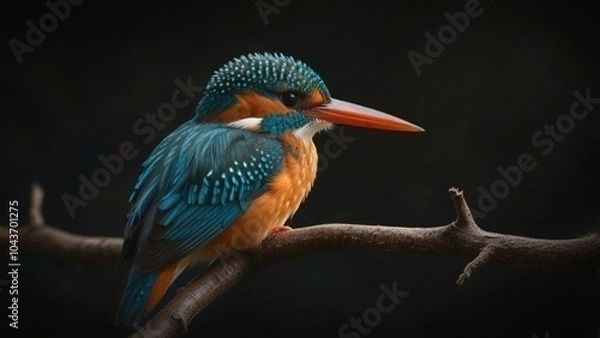 Obraz  Common Kingfisher on Branch, Dark Background
