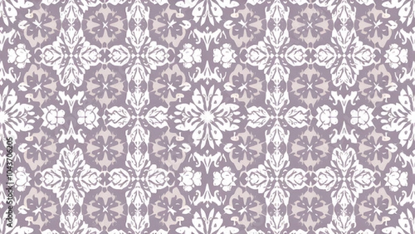 Fototapeta A repeating pattern of stylized flowers in white on a light purple background, creating a symmetrical, intricate design.