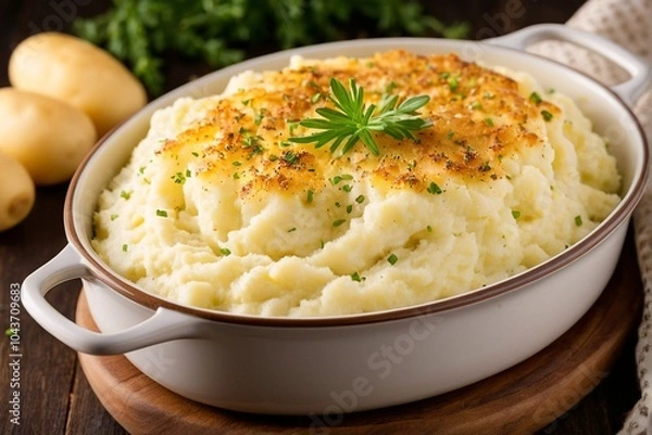 Fototapeta Mashed potatoes with parsley garnish