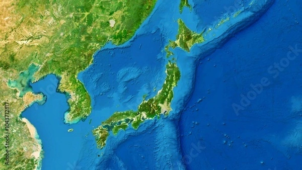 Obraz 8K Japan Island and Korea Map, High Resolution Satellite View With No Border, Widescreen 4K Resolution