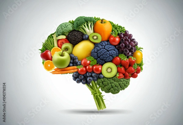 Fototapeta Visualization, the human brain from vegetables and fruits. You are what you eat.