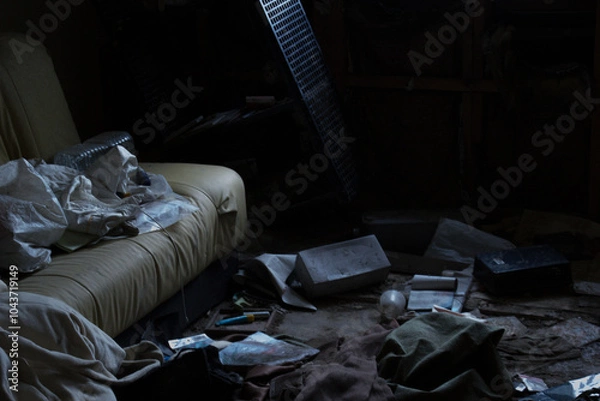 Obraz 薄暗い光の中、荒れたソファのある室内