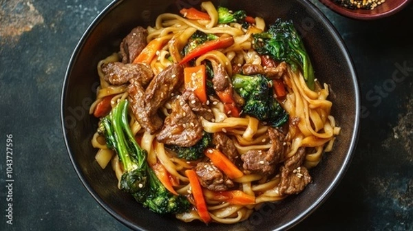 Fototapeta Beef and vegetable stir fried noodles