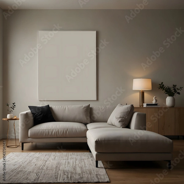 Fototapeta A Minimalist Living Room Design, With Clean Lines, Neutral Beige And White Tones, Featuring A Low-profile Gray Sofa And One Picture Frame Mockup White Wall Art design interior
