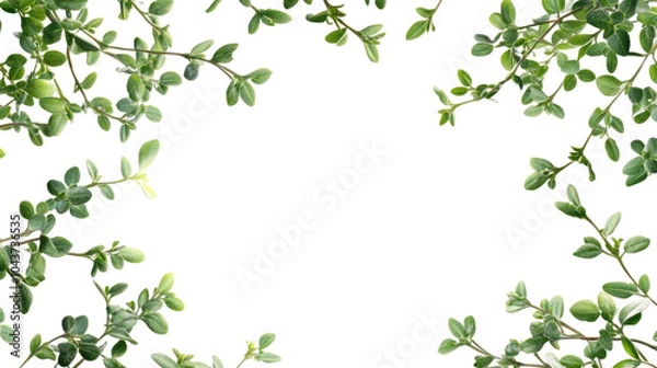 Fototapeta Green leaves border design featuring a floral pattern with branches and butterflies, perfect for spring and summer decorations