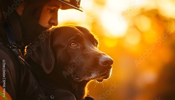 Fototapeta A close-up photograph of a firefighter and a Labrador dog, with warm sunset lighting, natural colors, high-resolution photography, 