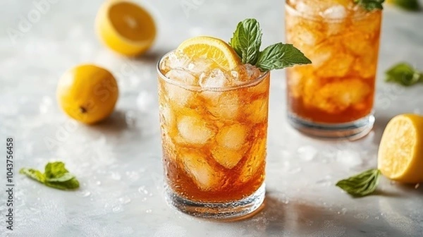 Fototapeta arnold palmer cocktail elegantly presented on a clean white background showcasing the refreshing blend of iced tea and lemonade inviting viewers to enjoy a perfect summer drink