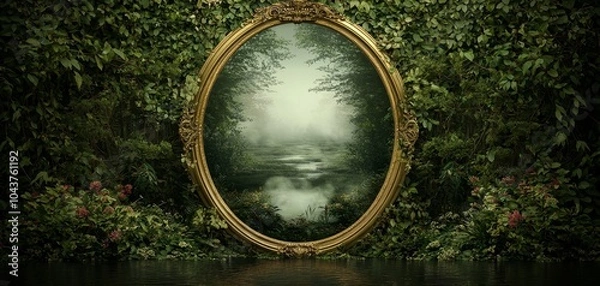 Obraz Enchanted Reflections - Mystical Gold Mirror in Lush Green Forest