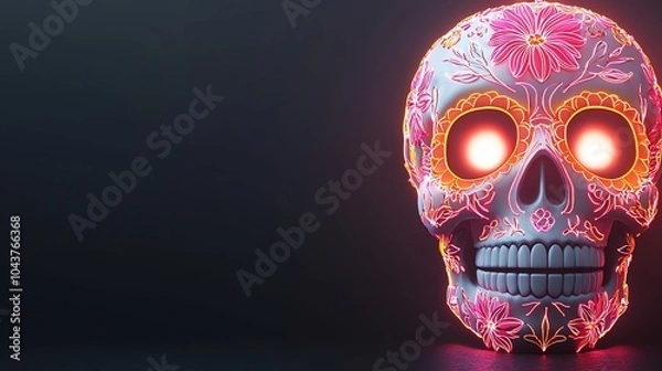 Obraz A vibrant, artistic skull with glowing eyes, adorned with colorful floral patterns against a dark background.