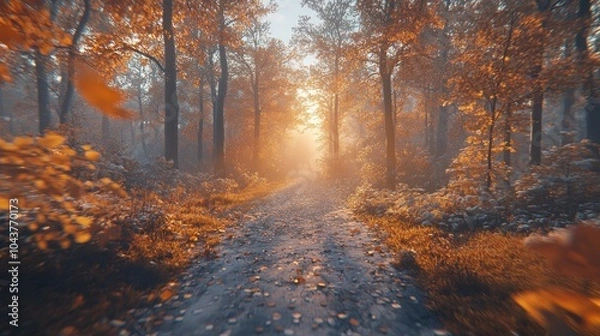 Fototapeta A dirt road winds through a misty forest with golden autumn leaves on the ground.