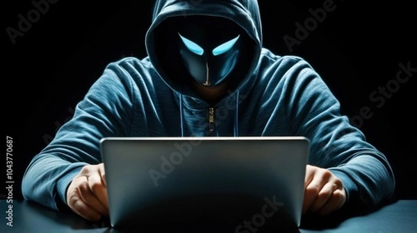 Fototapeta A man wearing a hoodie and a mask is sitting in front of a laptop