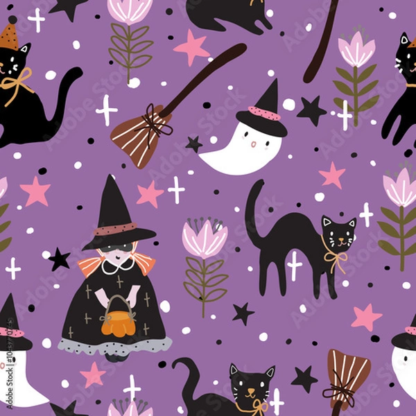 Obraz Seamless halloween pattern with witch, cat, tulip, little ghost, no sweep witch, stars, star sparkles and black and white dots on purple background, used for wallpaper, textile and print.