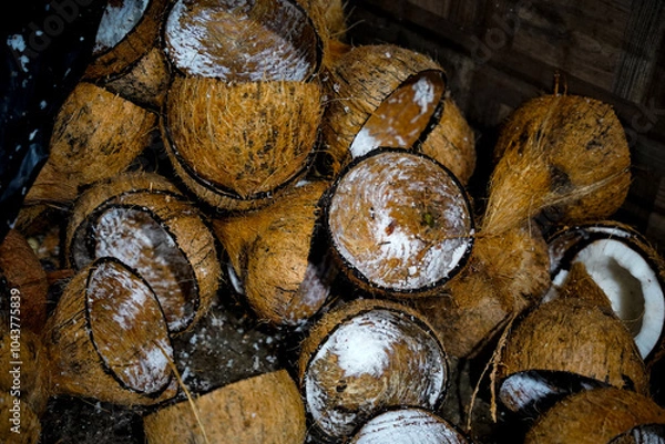 Obraz Coconut shell half cut with coconut coir