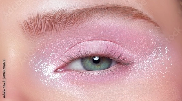 Fototapeta Close-up of eye with glittery pink eyeshadow and defined eyebrow