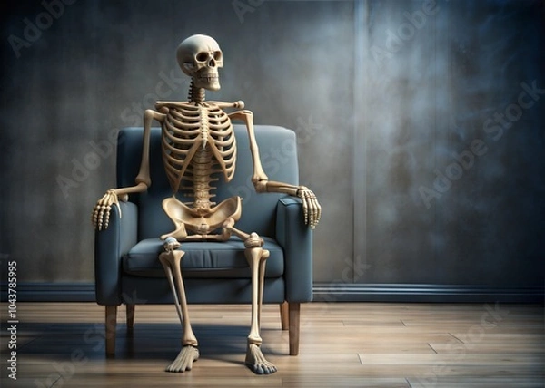 Fototapeta Waiting concept. Human skeleton sitting in armchair indoors