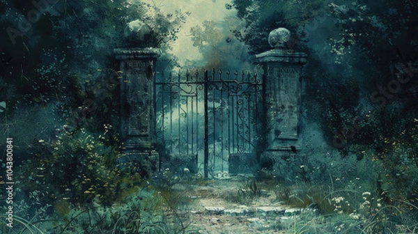 Fototapeta A hauntingly beautiful illustration of a mysterious, overgrown gate set in a foggy, enchanted forest, evoking a sense of intrigue and wonder.