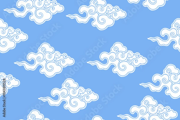 Obraz Traditional chinese or tibetan clouds on blue background. Oriental seamless horizontal pattern or banner.