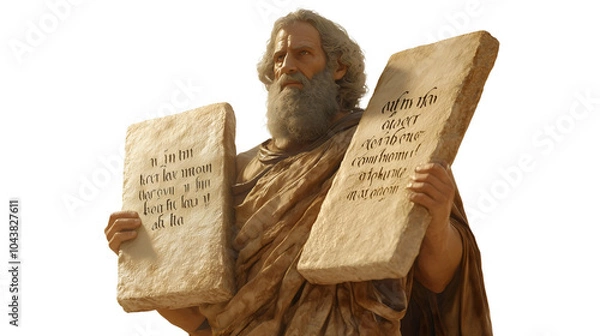 Fototapeta Moses holding the tablets of the Ten Commandments, depicted with a wise and determined expression, surrounded by a dramatic backdrop, symbolizing law and guidance.