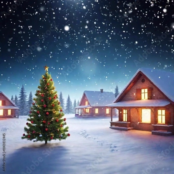 Fototapeta An extreme wide shot of a snowy Christmas village on Christmas Eve, with glowing windows, festive decorations, and gently falling snow, in digital art with shallow focus and eye level shot