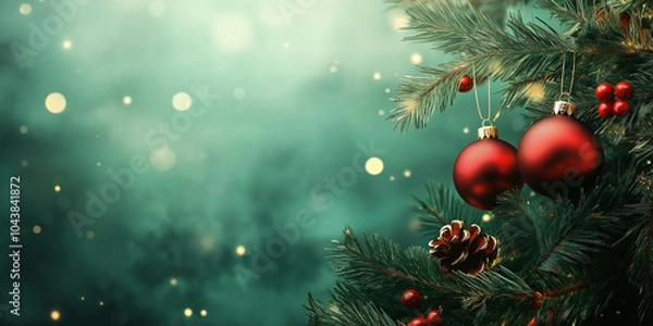 Fototapeta Christmas Tree with Red Baubles and Pinecones on a Green Background