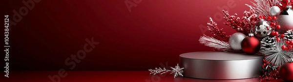 Fototapeta Festive Red Christmas Display with Ornaments and Snowflakes on a Red Background