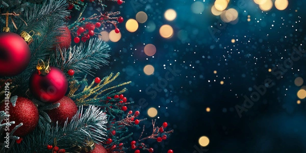 Obraz Christmas Tree with Red Ornaments and Festive Bokeh Lights