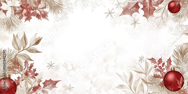 Obraz Elegant Christmas Banner with Red Ornaments and Festive Foliage on White Background