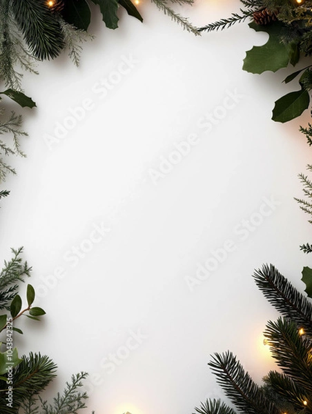 Obraz Christmas Flatlay Mockup with Pine Branches and Warm String Lights on White Background