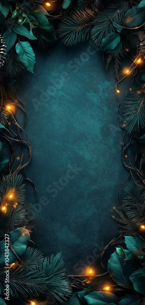 Fototapeta Elegant Christmas Border with Pine Branches and Warm String Lights on Dark Background