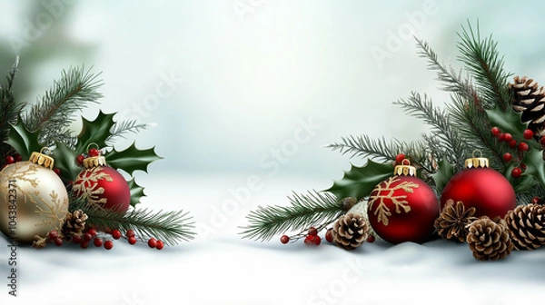 Obraz Christmas Background with Red and Gold Ornaments, Pinecones, and Evergreen Branches