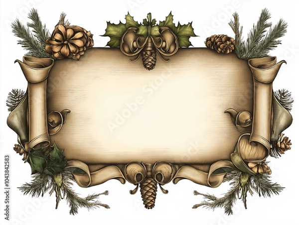 Obraz Vintage Christmas Scroll Banner with Pinecones and Evergreen Foliage