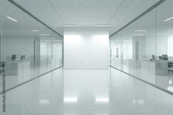 Fototapeta Modern office hallway with glass walls and a blank white wall at the end.