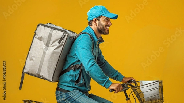 Obraz A portrait of a delivery guy on a bicycle with a large delivery bag